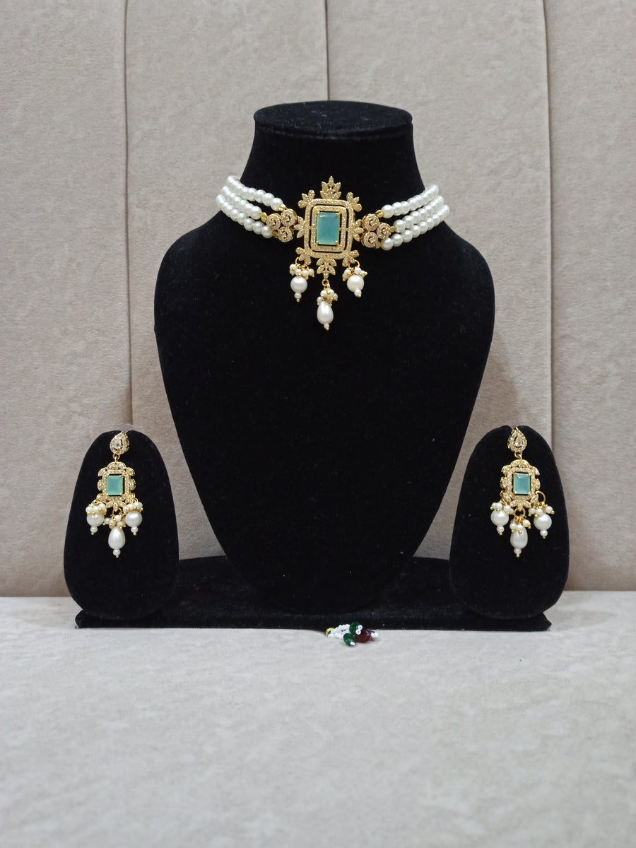 Blue stone with white beaded choker