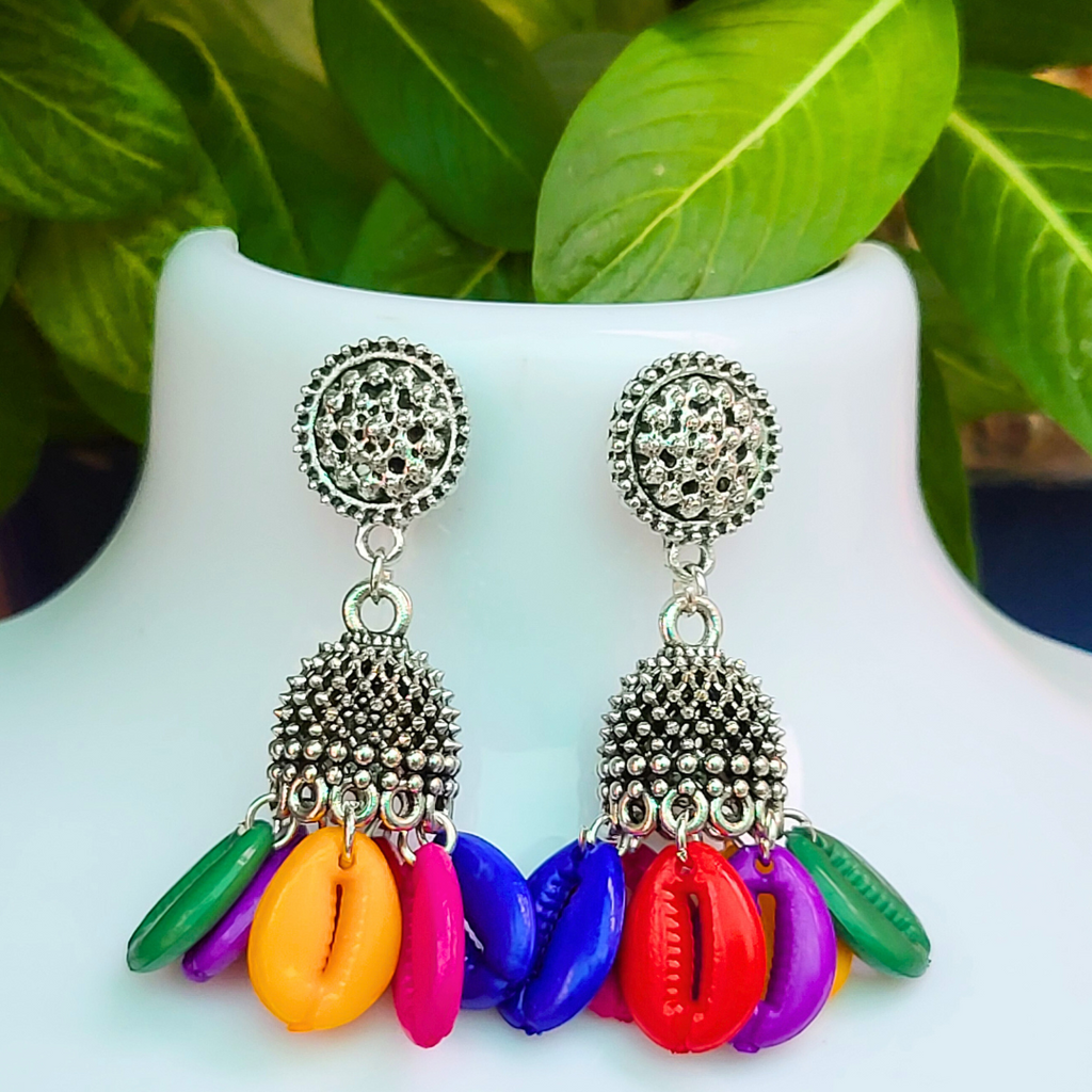multicoloured cowrie jhumki deepjayhandcrafts