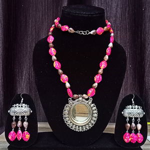 Brown pink beaded neckpiece with mirror pendant