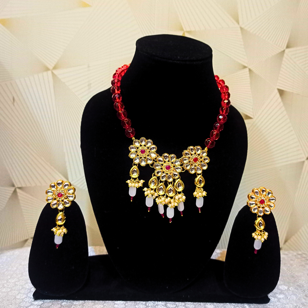 Crystal red beaded kundan set