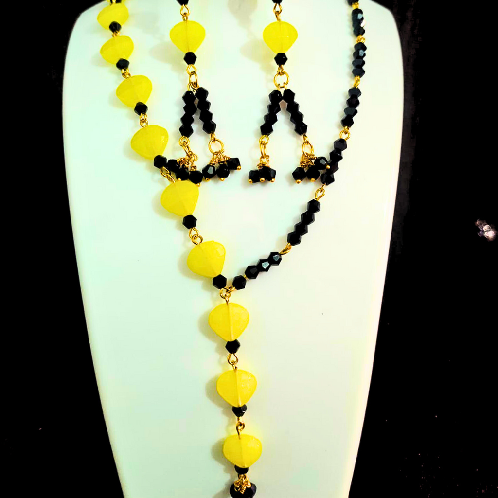 Lemon yellow stone & black beads necklace set