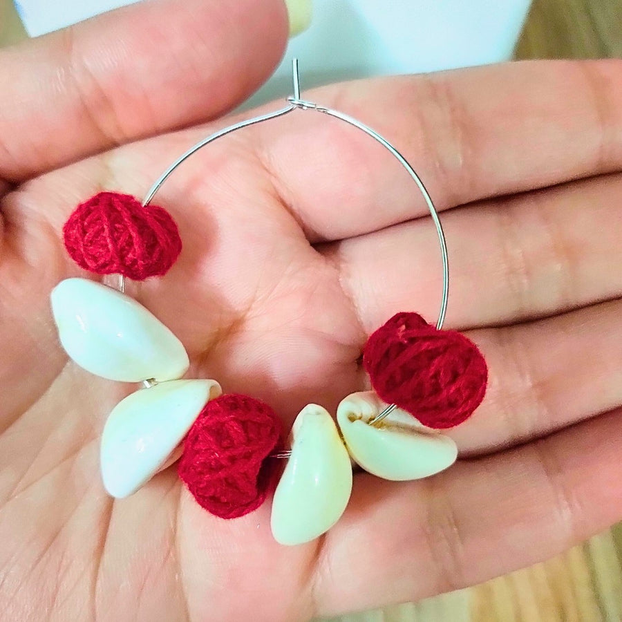 Red white cotton & cowrie neckpiece