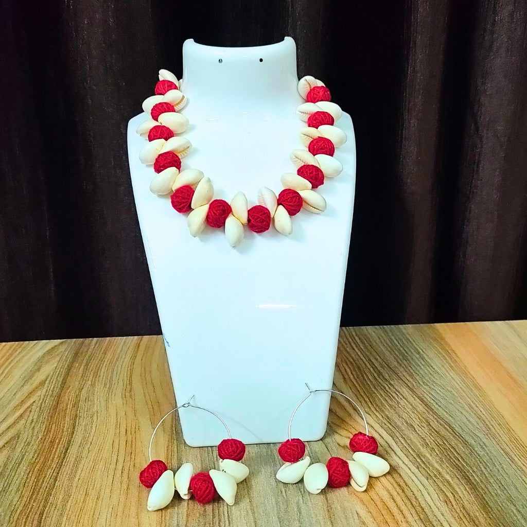 Red white cotton & cowrie neckpiece